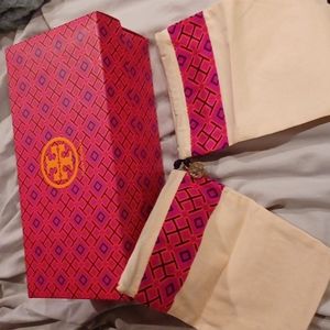 Tory Burch shoe box, and two wallet dust bags